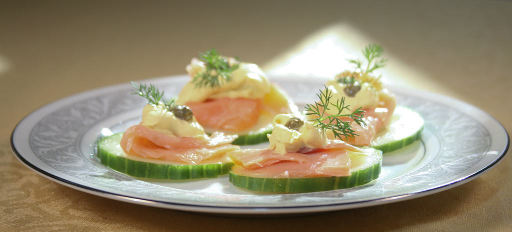 Appetizer: Cucumber With Smoked Salmon, Curry-Fraîche, Capers and Dill ...