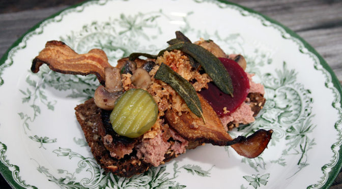 Warm Liver Patê Sandwich With Danish Bacon, Fried Onions, Sweet Pickles and Beets